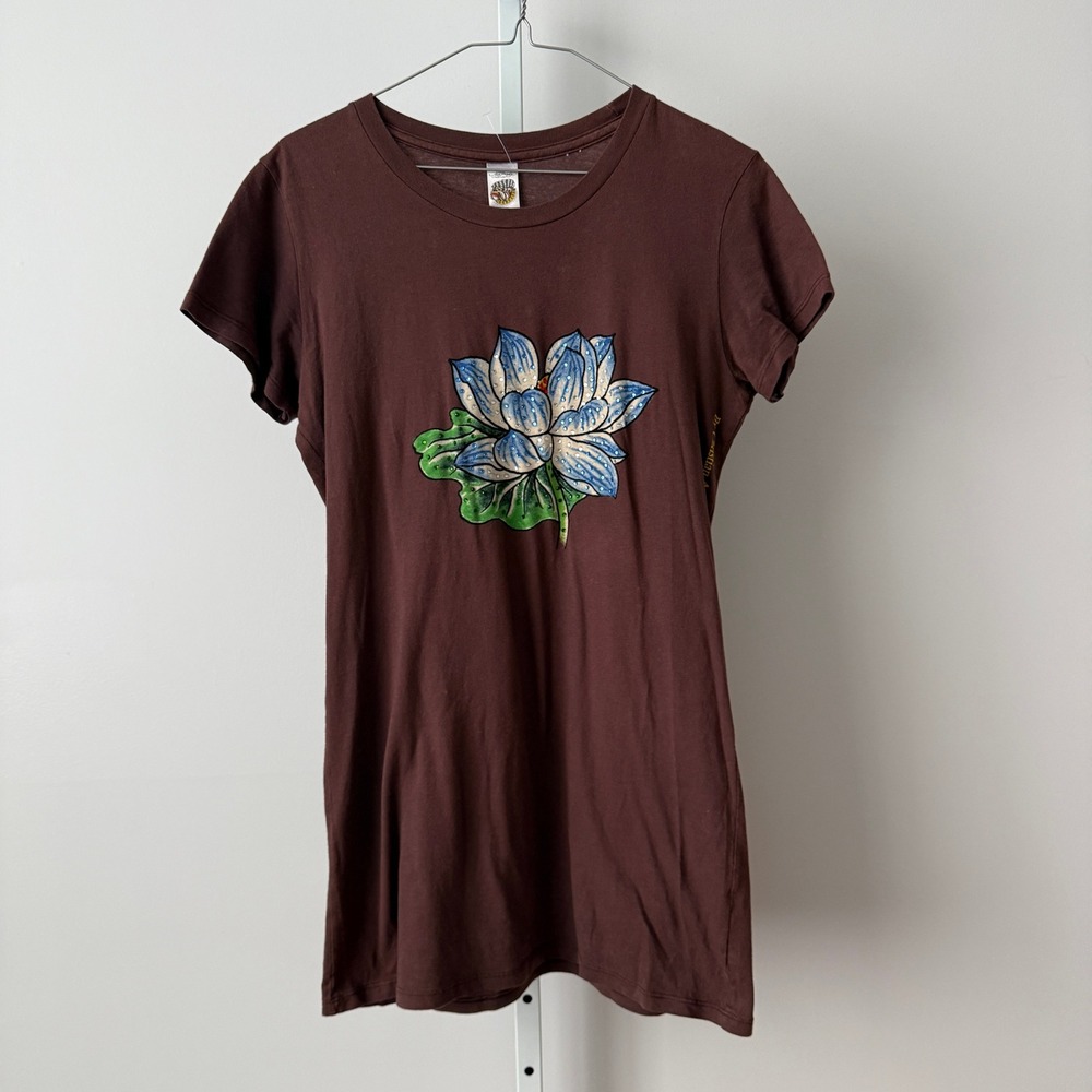 Y2K Ed Hardy L Brown T-Shirt Lotus Flower Bling Christian Audigier Fairy Grunge